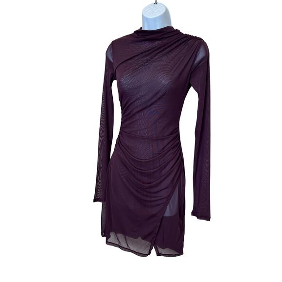 LAPOINTE Wine Red Mesh Bodycon Mini Dress XS Long Sleeve Slinky Cocktail $950 - Picture 7 of 11